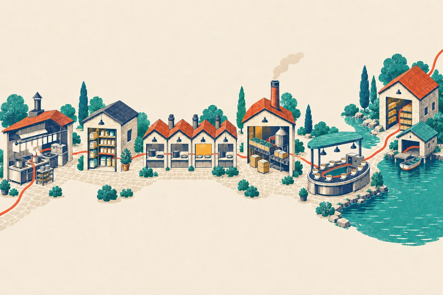 An illustrated map of a small tea town seen from slightly above, on cream paper. Cobblestone paths join seven buildings in a row from left to right. First, an open kitchen with a tomato-red roof: blank paper tickets hang from a long metal rail under its roof, above stoves with steaming pots. Second, a small pantry with a navy roof, its open front showing tall shelves of jars. Third, four identical small kitchens side by side under four red roofs, each with a pot on a counter; the window of the third one glows mustard yellow. Fourth, a tea factory with a tall brick chimney, where a conveyor belt carries tea leaves past a metal tank and stacked crates. Fifth, a round tea bar under a teal canopy, with teacups riding a belt in a loop. Last, on the shore of a calm teal lake, a small boathouse with a teal roof and a rowing boat at its dock, and behind it a tall warehouse with open doors and rows of shelves full of boxes. A thin tomato-red path enters at the lower left, runs through every building, and leaves at the upper right.