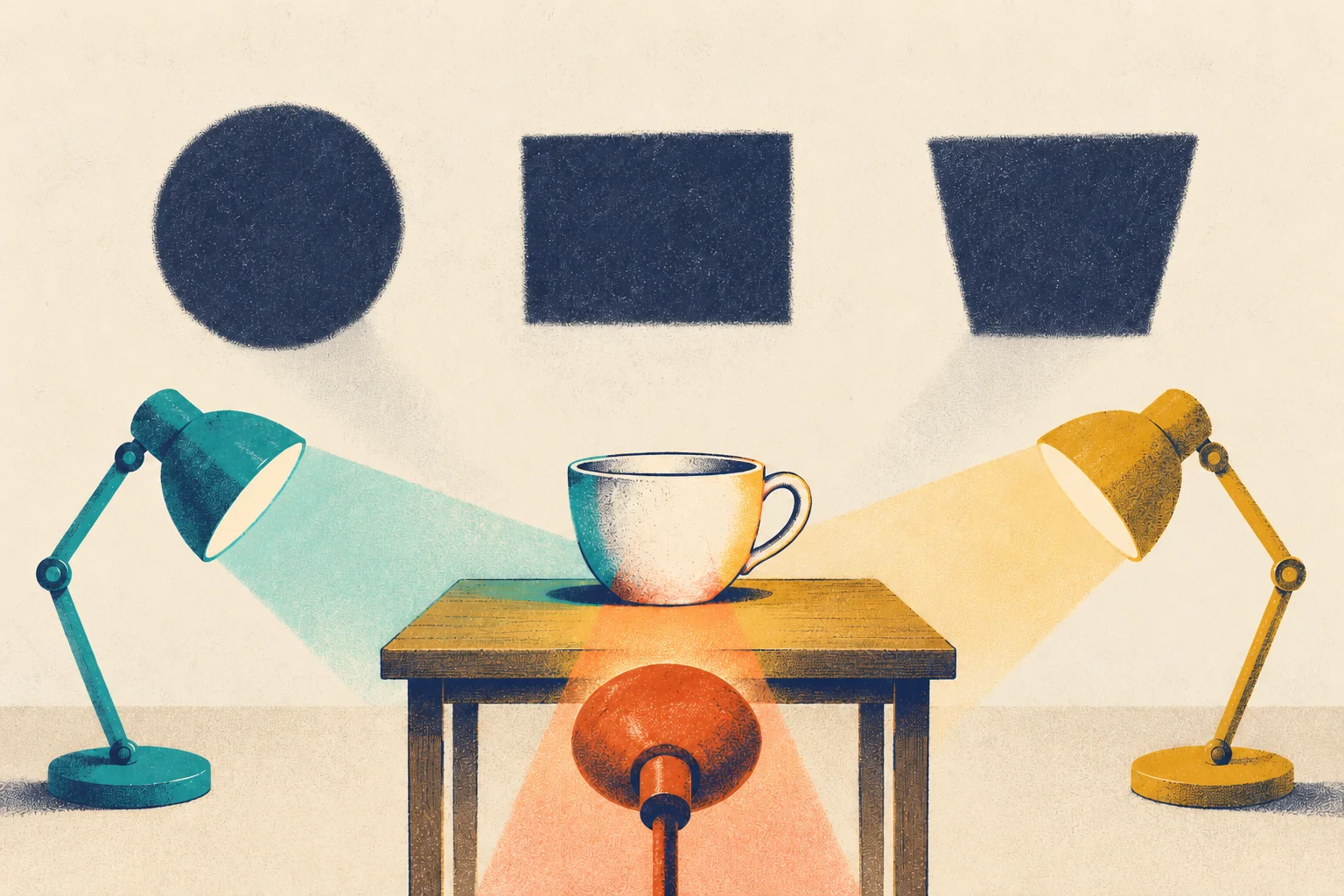 A white teacup on a small wooden table, lit by three desk lamps: a teal lamp on the left, a mustard lamp on the right, and a tomato lamp that shines up from below the front of the table. On the cream wall behind, three dark navy shadows sit side by side: a circle, a rectangle and a trapezoid.