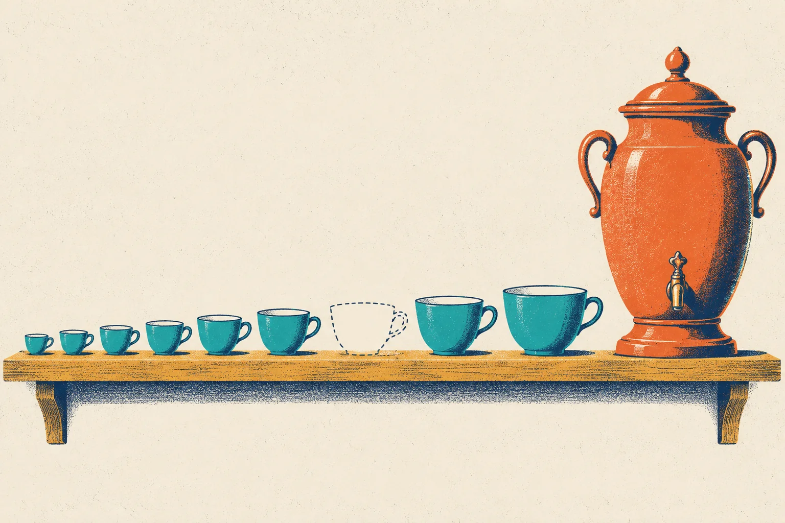 A long wooden shelf holds a row of teal teacups that grow from very small on the left to large on the right. Near the middle of the row, one place holds only a dashed outline of a cup, with nothing inside it. At the far right end stands a huge tomato-red tea urn with two handles and a tap, much taller than every cup.
