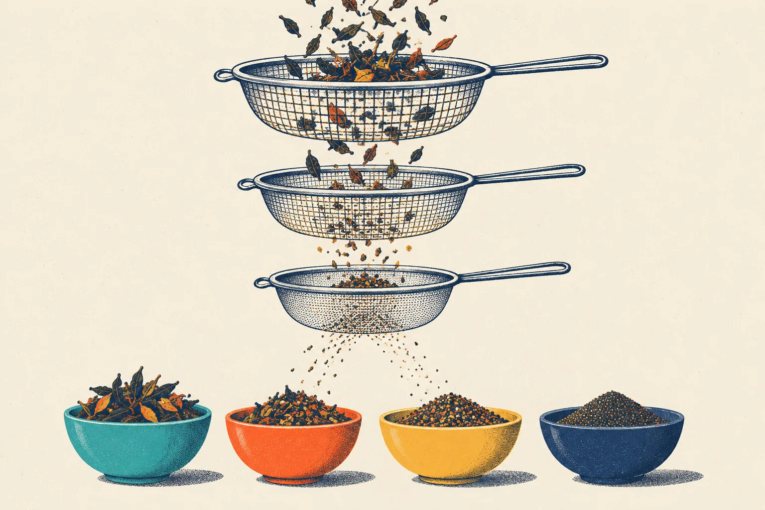 Loose tea leaves pour into the top of a stack of three round kitchen sieves with long handles. Each sieve has a finer mesh than the one above it, so fewer and smaller pieces fall through each one. Below the sieves stand four bowls in a row, teal, tomato, mustard and navy, holding sorted tea: whole leaves, broken leaves, small grains, and fine dust.