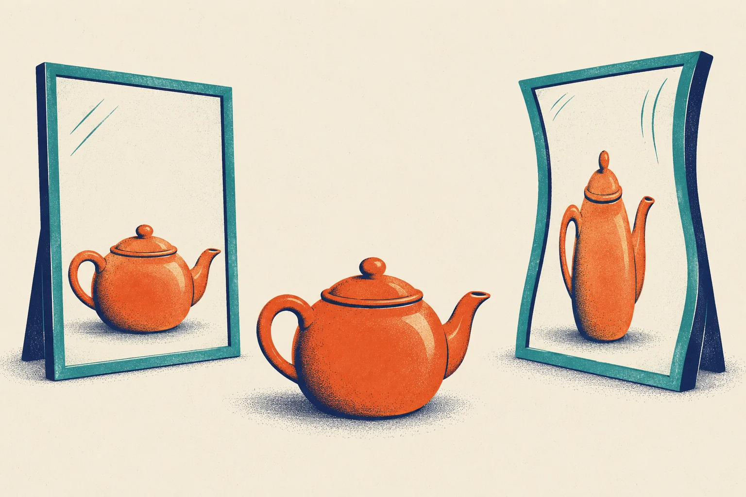 An orange teapot stands between two mirrors with teal frames. The flat mirror on the left shows the teapot true to its round shape. The curved mirror on the right shows the same teapot stretched tall and thin, like a vase.