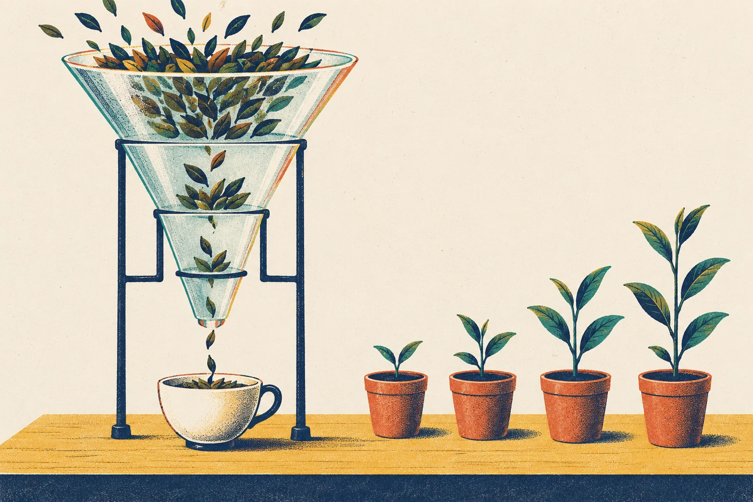 On a wooden table, a tall glass funnel made of four stacked sections stands in a navy metal frame, each section narrower than the one above. Many tea leaves pour in at the wide top, fewer leaves remain in each lower section, and a thin stream falls into a white teacup at the bottom. To the right, four small tea plants grow in identical terracotta pots, in a row from the smallest and youngest to the tallest and oldest.