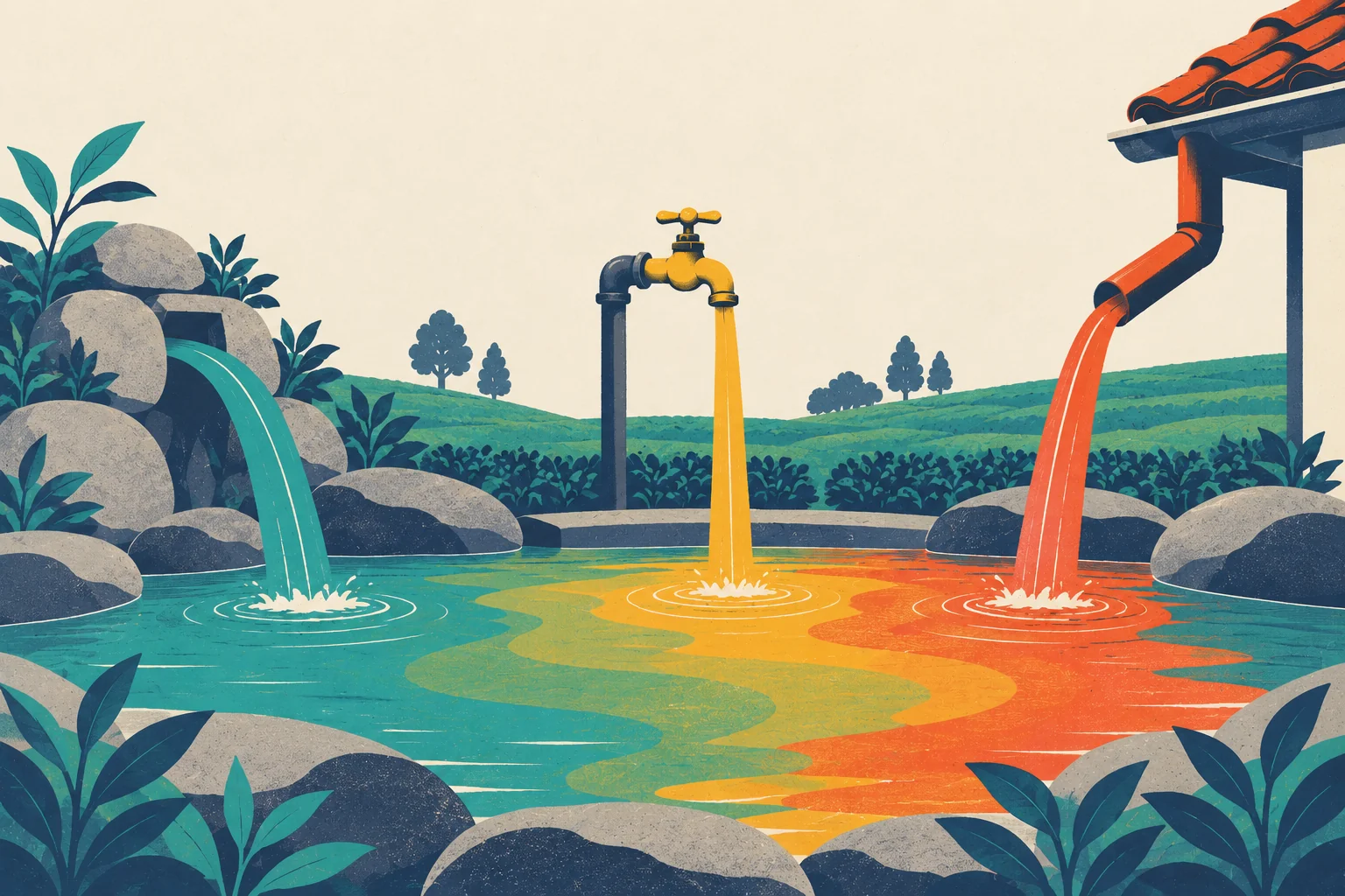 Three streams of water pour into one pond. On the left, a teal stream runs out of a spring between grey stones. In the middle, a mustard-yellow stream falls from a metal tap on a dark pipe. On the right, a tomato-red stream pours from the gutter of a tiled roof. In the pond, the three colours spread into bands and blend where they meet. Green tea fields and a few trees fill the background.