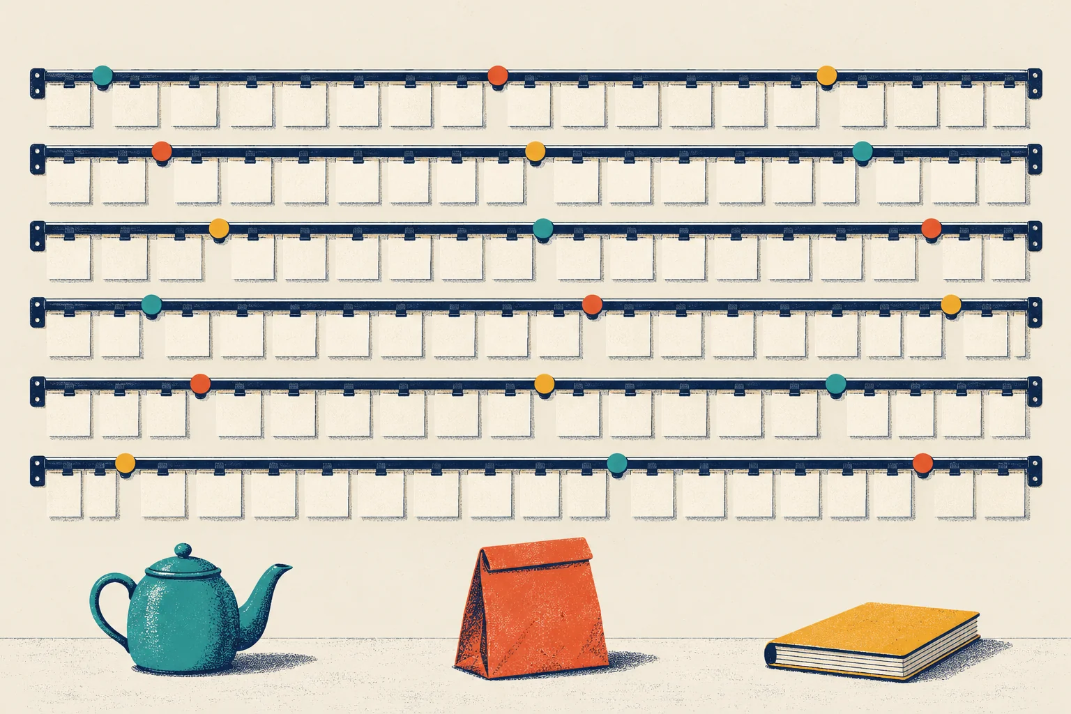 Six long horizontal ticket rails on a cream wall, each holding a row of blank paper tickets. On every rail sit three round clips, one teal, one tomato and one mustard, at different places along the rail. Below the rails stand a teal teapot, a tomato delivery bag, and a mustard ledger book.