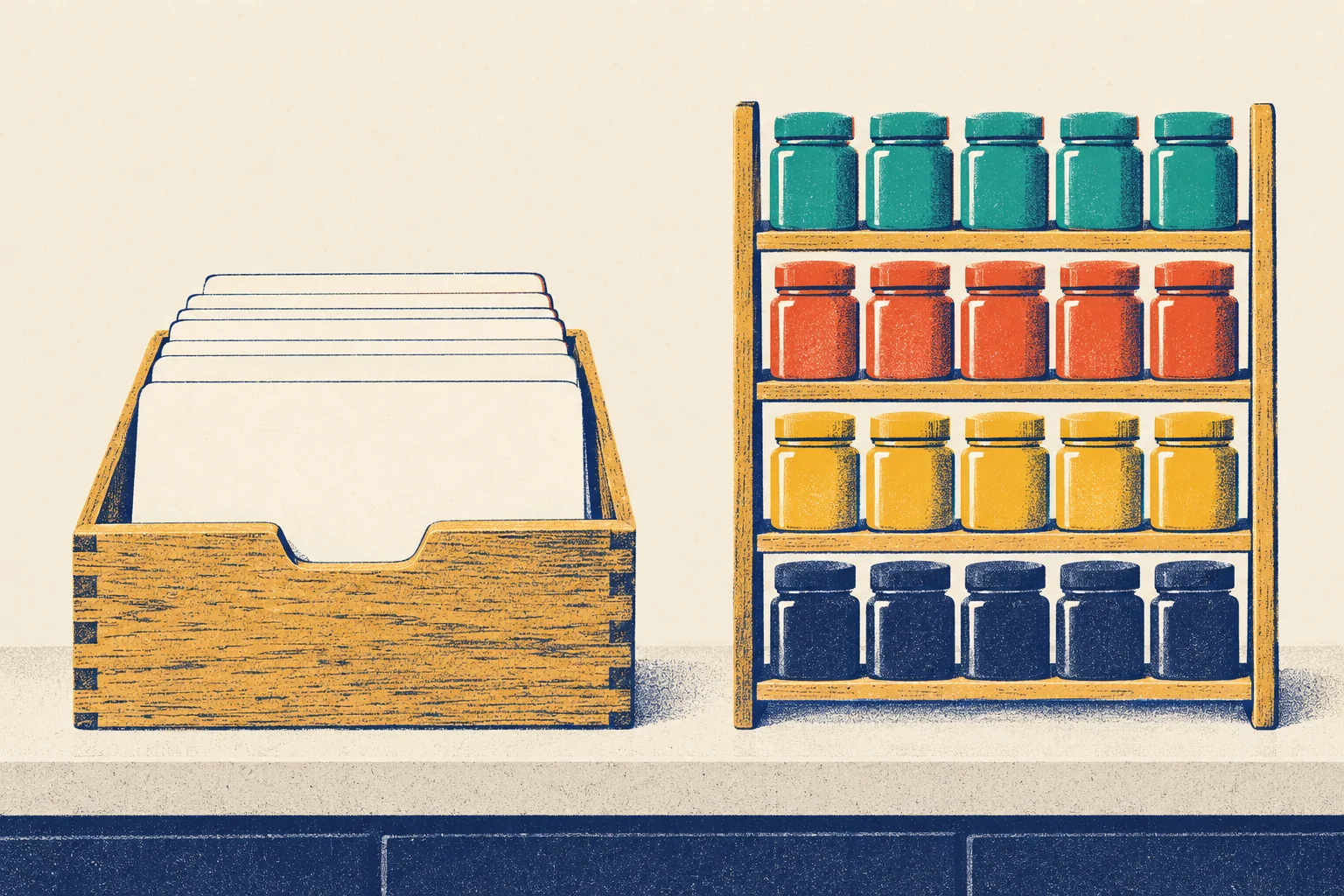 On the left of a counter, a wooden box full of blank recipe cards standing one behind another. On the right, a spice rack with four shelves of five identical blank jars each: a teal shelf, a tomato shelf, a mustard shelf and a navy shelf.