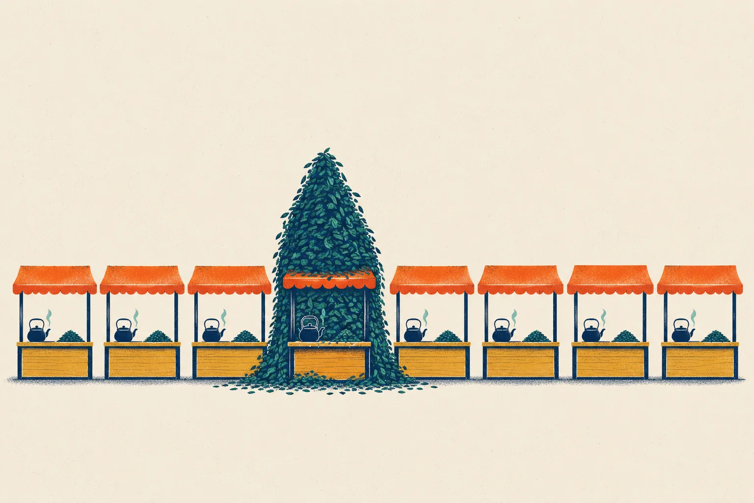 A long row of eight identical market stalls with tomato-red awnings. Seven stalls each hold a small navy kettle with steam rising and a small pile of tea leaves. The fourth stall is buried under a huge cone of tea leaves, far taller than all the stalls, and its kettle shows no steam.