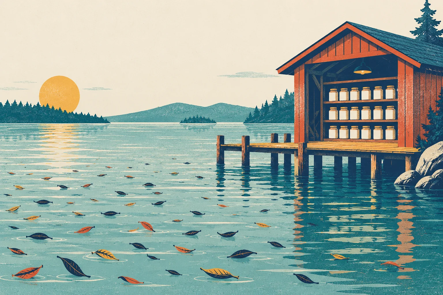 A calm lake at sunset, its surface scattered with floating leaves in navy, tomato and mustard. On the right, a red wooden boathouse stands on posts over the water at the end of a wooden dock. Its open front shows three shelves of identical blank jars, six on each shelf, under a hanging lamp. Pine trees and rocks line the shore.
