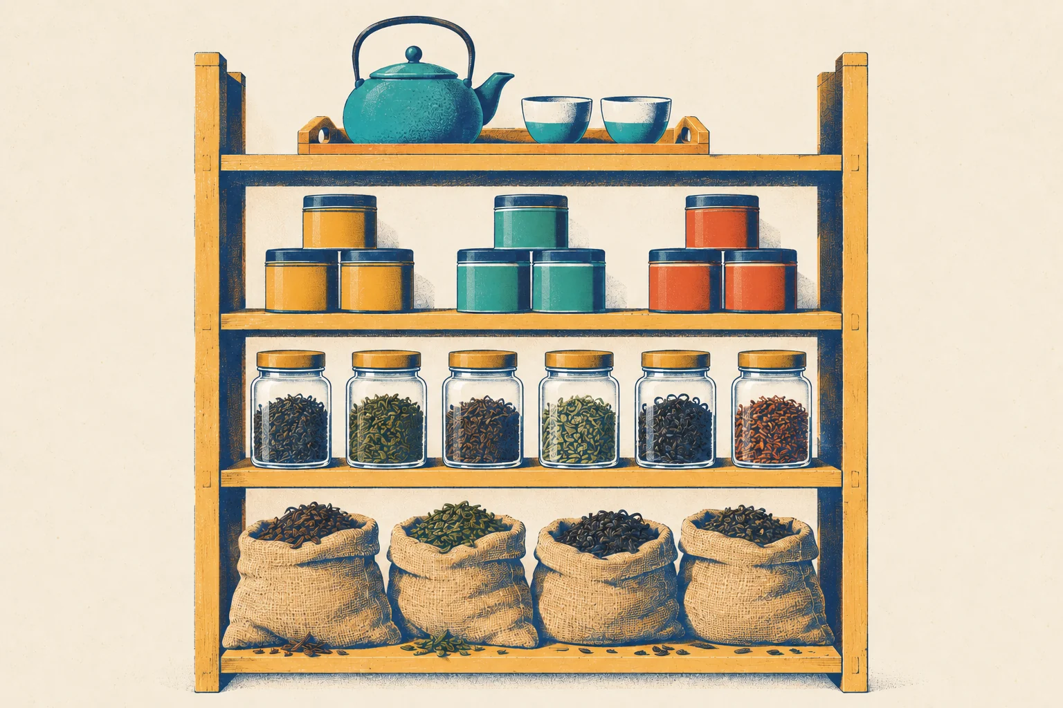 A tall wooden shelf with four levels on a cream background. On the bottom level, four open burlap sacks full of loose tea leaves, with a few leaves spilled on the wood. On the second, six glass jars with golden lids, each holding a different tea. On the third, three small pyramids of round tins, one mustard, one teal and one tomato. On the top level, a wooden tray with a teal teapot and two cups.