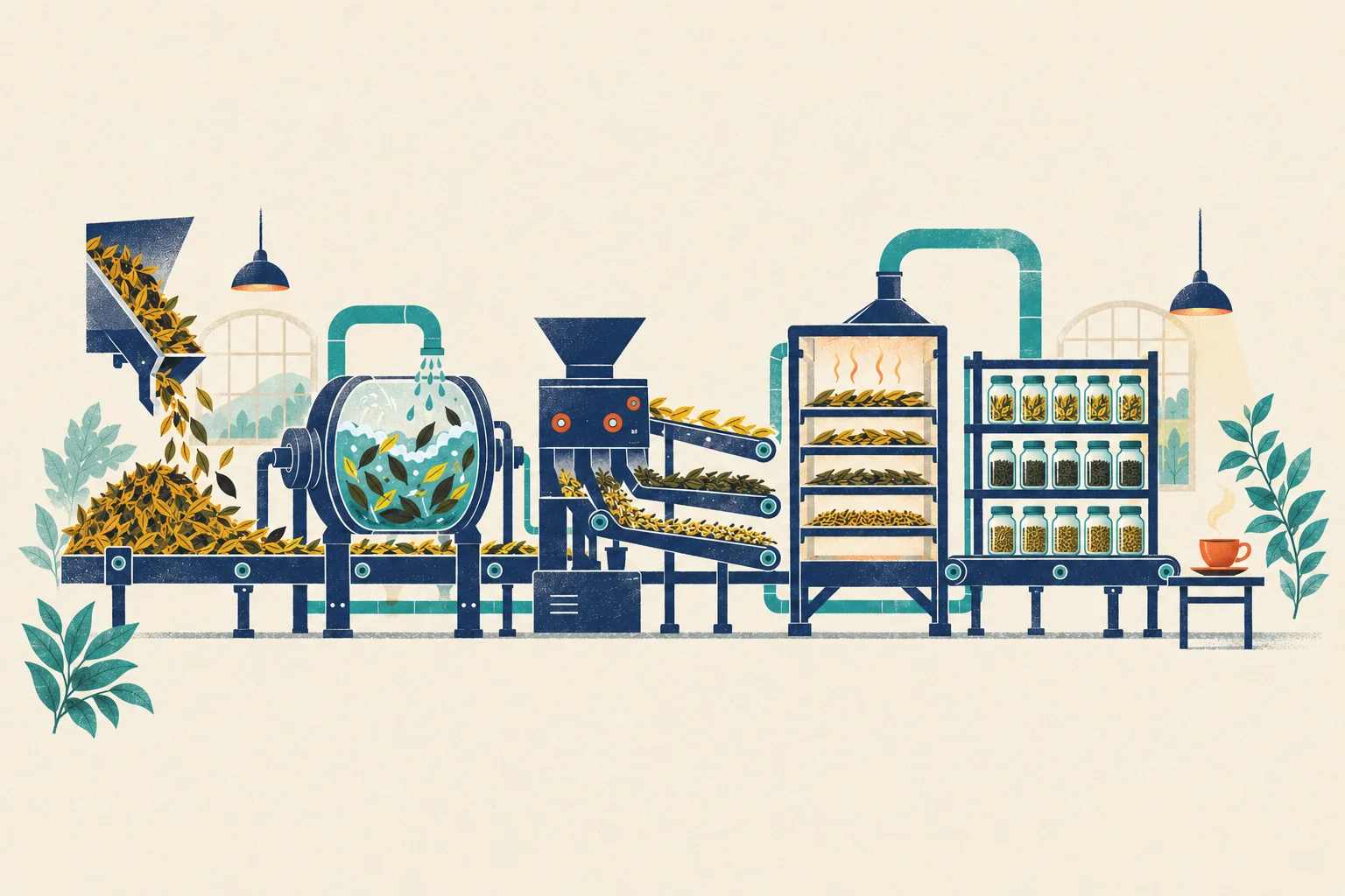 A cutaway drawing of a small tea factory that reads from left to right. A hopper pours tea leaves onto a pile on a conveyor belt. A round glass drum washes leaves in water sprayed from a pipe. A sorting machine with a funnel on top sends leaves out onto three separate belts. A tall cabinet dries leaves on four heated trays. A shelf holds fifteen glass jars of finished tea. At the far right, a steaming cup of tea sits on a small table. Teal pipes join the machines, lamps hang from the ceiling, and tea plants stand at both ends.