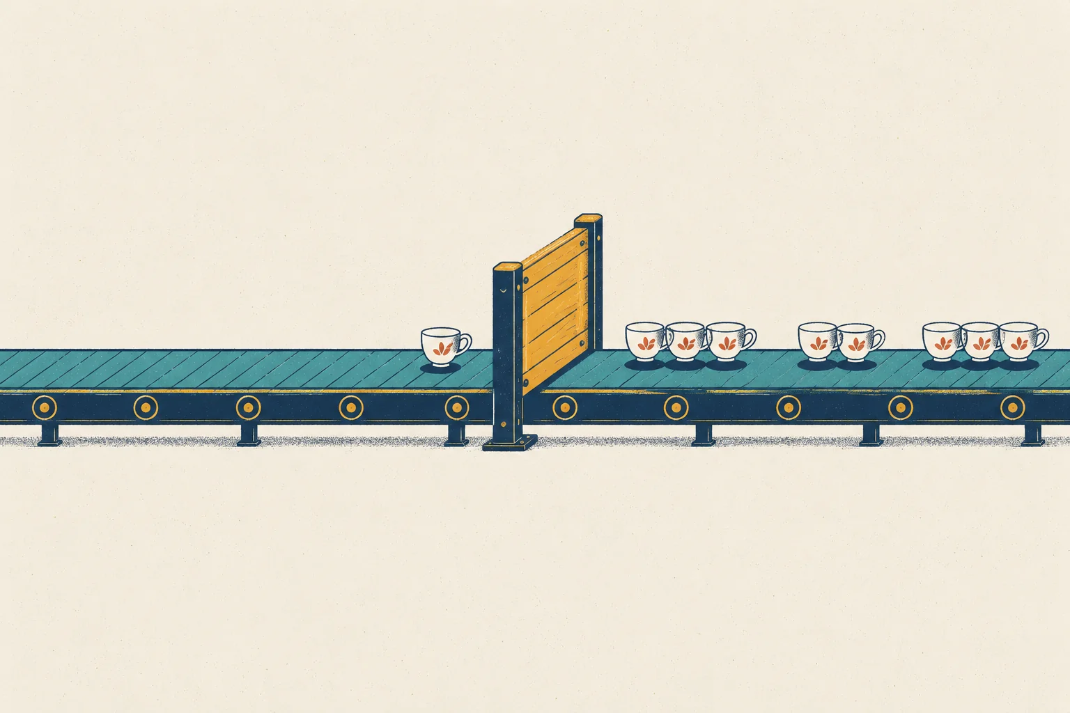 A teal conveyor belt runs across the picture from left to right. A mustard wooden gate stands closed across the belt, a little left of centre. To the right of the gate, eight teacups have already passed through in three small groups. To the left, one teacup has arrived alone and waits in front of the closed gate.