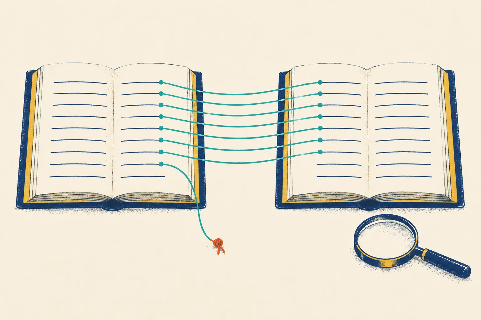 Two open ledger books lie side by side. Seven teal threads run from lines on the left book to matching lines on the right book. The eighth line on the left has no partner: its thread hangs down off the page and ends in a small tomato-red knot. A magnifying glass lies on the desk below the right book.