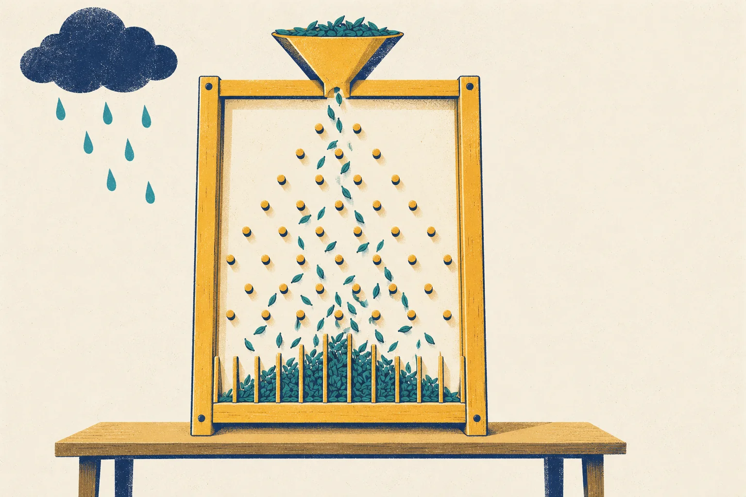 A mustard-coloured wooden board stands on a small table. Tea leaves pour from a funnel at the top and fall through rows of round pegs. At the bottom they collect in narrow slots, piled highest in the middle slots and lower towards both sides, like a bell. A small navy rain cloud with teal raindrops floats in the upper left corner.