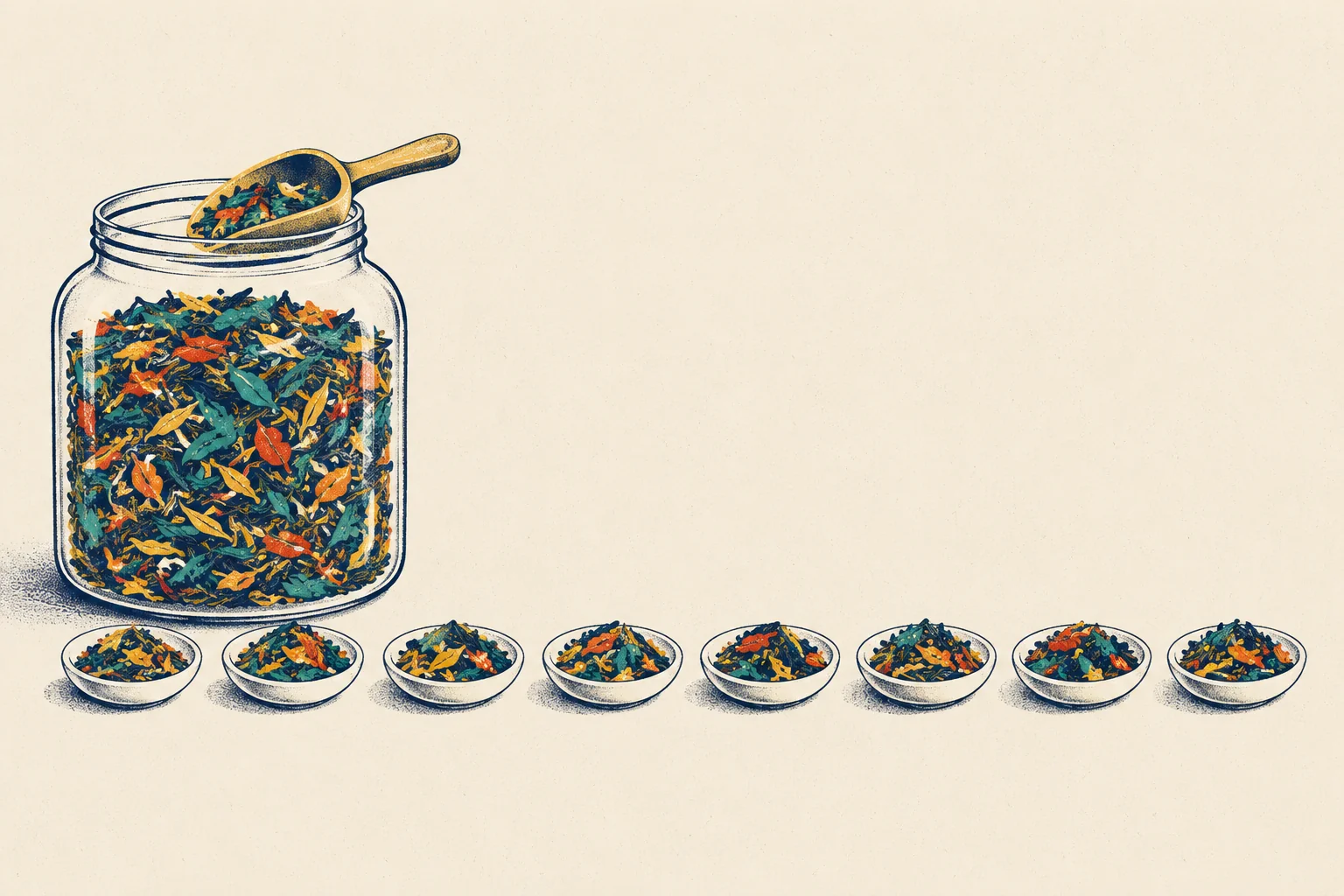 A large glass jar on the left, full of mixed tea leaves in teal, navy, mustard and tomato. A small mustard scoop rests in the mouth of the jar with leaves in it. Along the bottom, a row of eight small white dishes each holds one scoop of leaves. The mixes look alike, but no two are quite the same: one dish has more tomato leaves, another more teal.