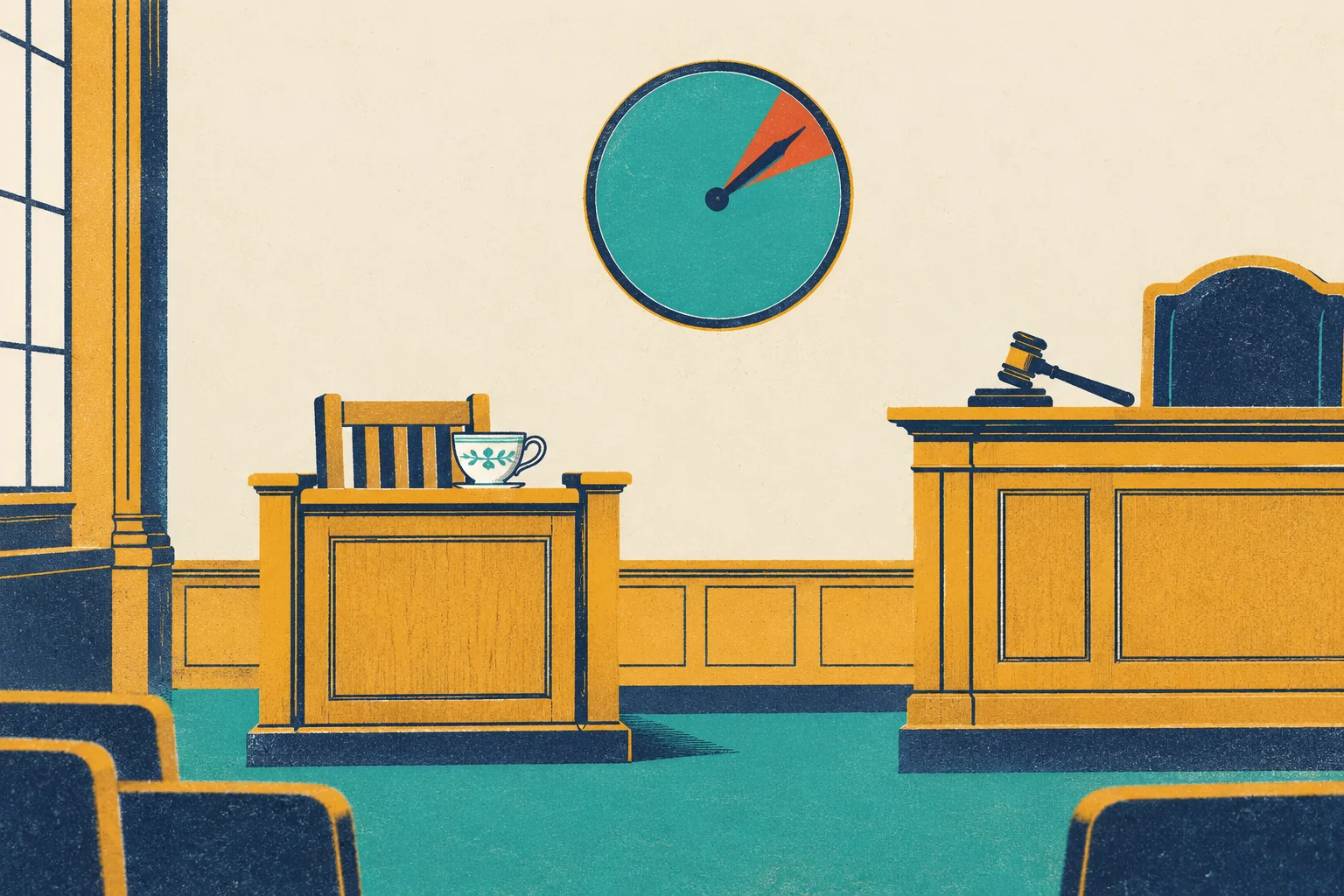 A tiny courtroom drawn in navy, mustard and teal. A teacup with a green leaf pattern sits on its saucer in a wooden witness box, with an empty chair behind it. On the right stands the judge's bench, with a gavel resting on its block and a tall navy chair behind it. High on the wall between them hangs a round meter with a blank dial: most of the dial is teal, one narrow wedge is tomato red, and the needle points into the tomato wedge.