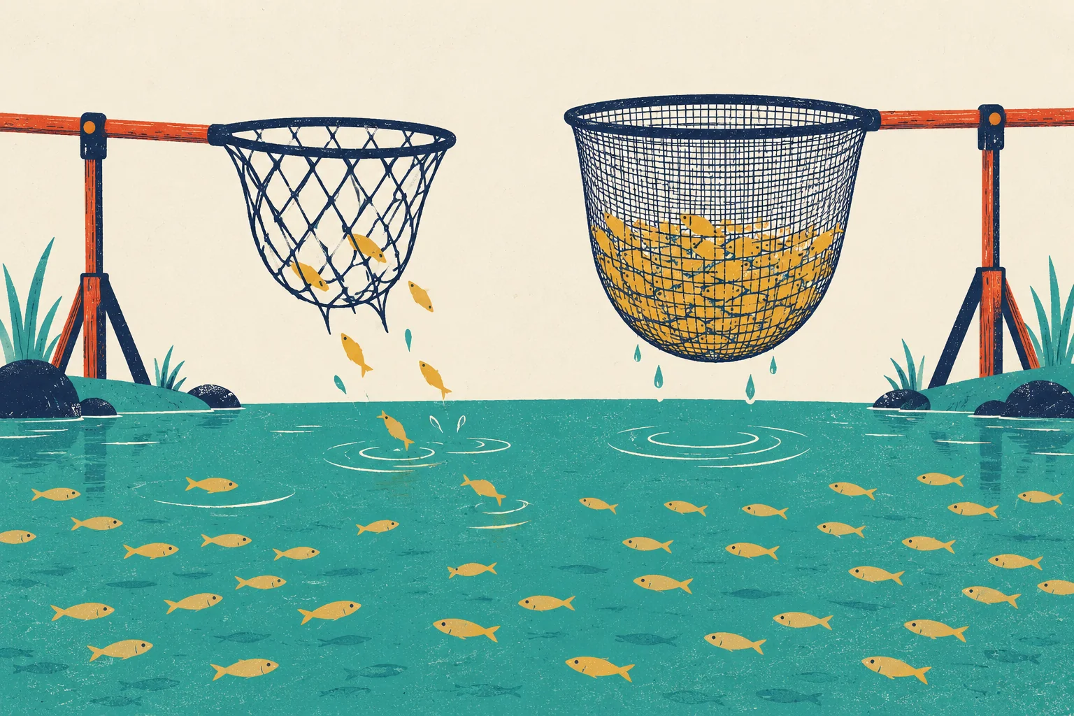 Two fishing nets hang from tomato-red poles on stands over a calm teal pond full of small mustard fish. The left net is small, with wide navy mesh: a few fish slip through its holes and fall back into the water. The right net is bigger, with fine mesh, and it is full of fish, dripping water.