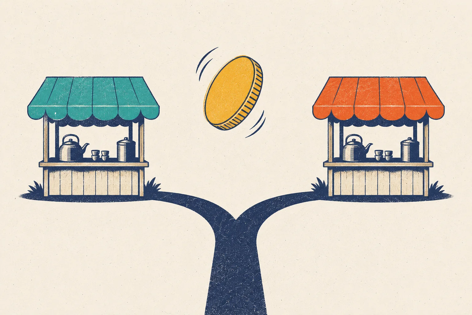 A dark path forks in two. At the end of the left branch stands a small tea stall with a teal awning; at the end of the right branch stands an identical stall with a tomato-red awning. Both counters hold the same kettle, cups and tea tin. Above the fork, a plain gold coin spins in the air.