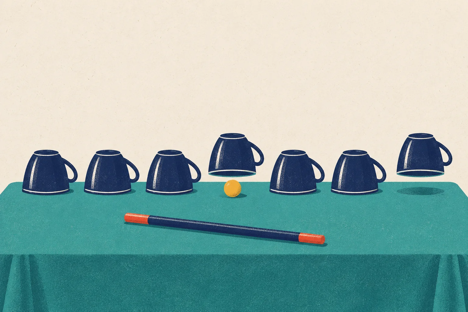 Seven navy teacups stand upside down in a row on a teal tablecloth, like a magician's cups-and-balls trick. The fourth cup is lifted to show one small mustard ball. The seventh cup is lifted to show nothing at all. A magic wand with tomato-red tips lies in front of the row.