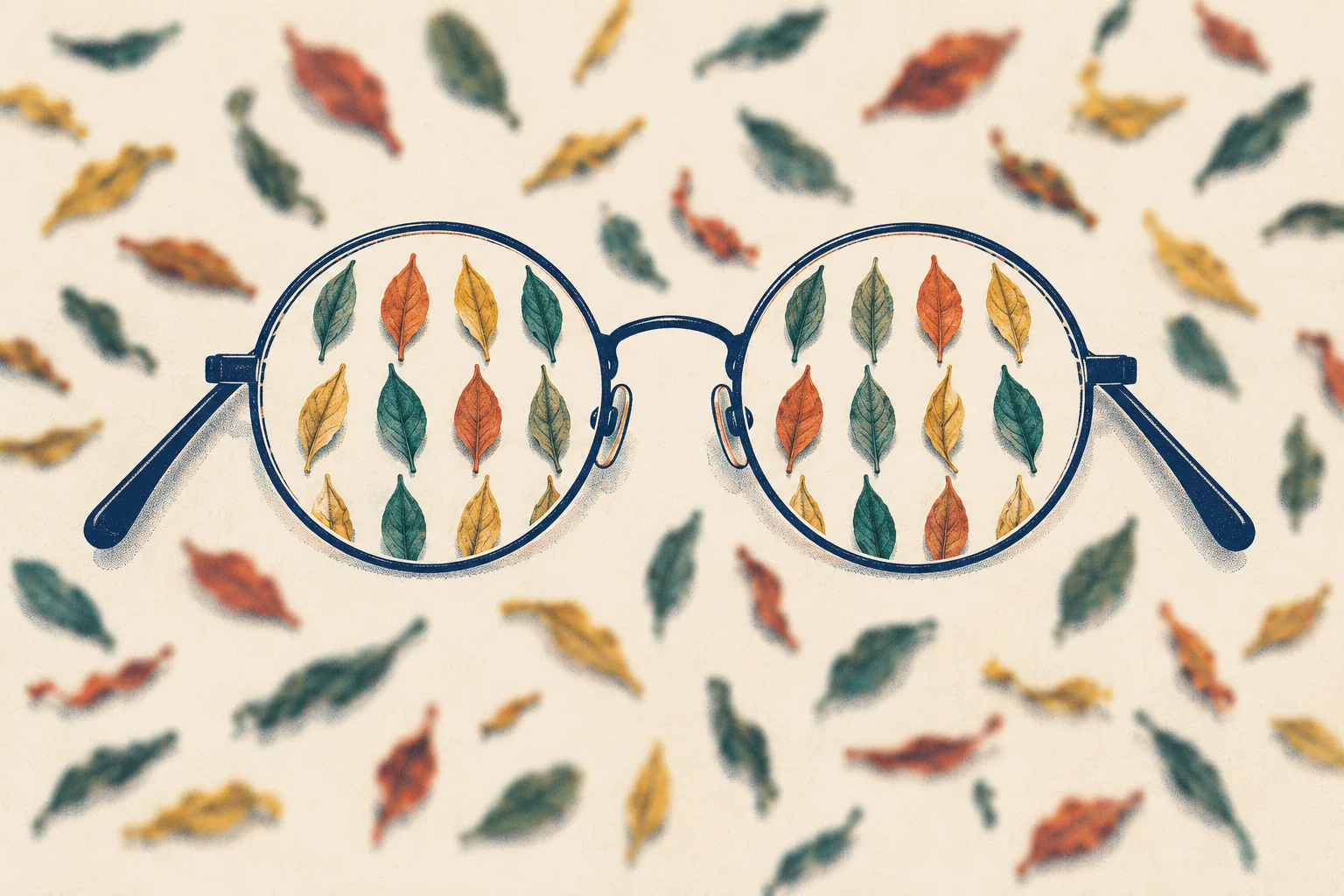A pair of round navy reading glasses lies on a cream table scattered with teal, tomato and mustard tea leaves. Through the two lenses the leaves look sharp and stand in neat rows. Outside the lenses the same leaves are blurred and scattered at random.