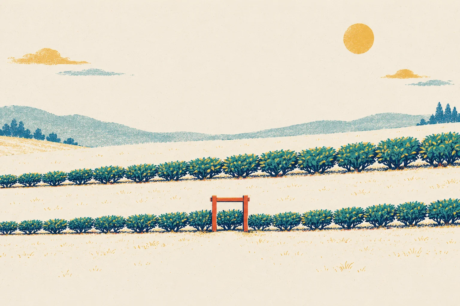Two parallel rows of low, round tea bushes run across a gentle cream hillside under a mustard sun. In both rows the bushes grow a little larger from left to right. Halfway along, the lower row passes through a small tomato-red wooden gate. After the gate, the bushes in the lower row are a little shorter than the bushes in the upper row, though both rows keep growing at the same gentle pace.