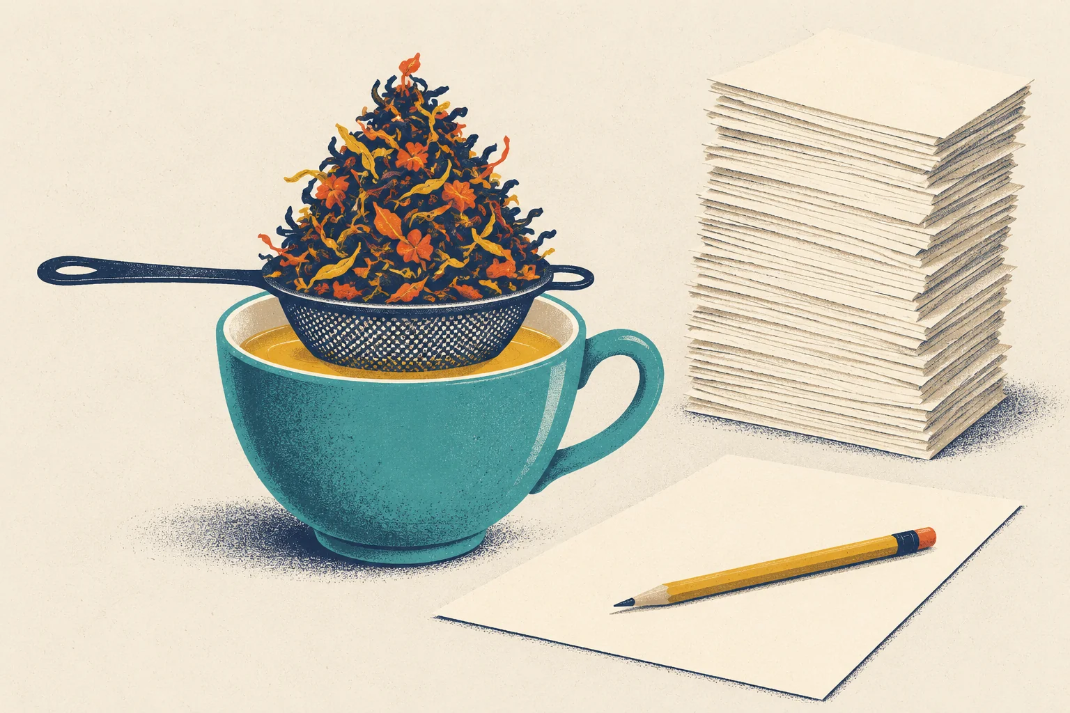 A navy tea strainer sits on top of a wide teal teacup. Piled high in the strainer is a tall, untidy cone of loose tea leaves in navy, mustard and tomato red, far more than one cup needs. Below the strainer, the cup holds calm, clear amber tea. On the right, a single blank cream sheet of paper lies on the table with a mustard pencil on it, and behind it stands a tall, slightly uneven stack of blank paper.