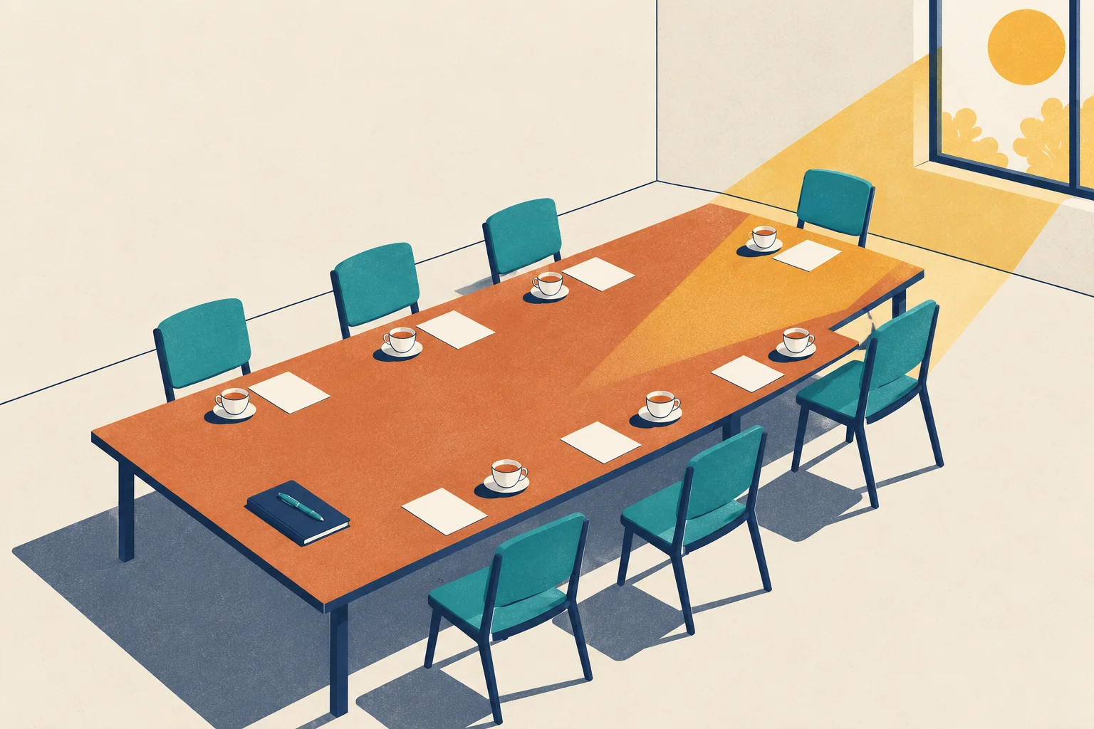 A long terracotta boardroom table seen from slightly above, in an empty room. In the upper right, a low mustard sun shines through a tall window, and a band of warm light falls across the far end of the table. Seven empty teal chairs stand around it: three along the back, one at the far end and three along the front. At each place there is a white cup of tea on a saucer and one blank sheet of paper. At the near end of the table lies a closed navy notebook with a teal pen on it.