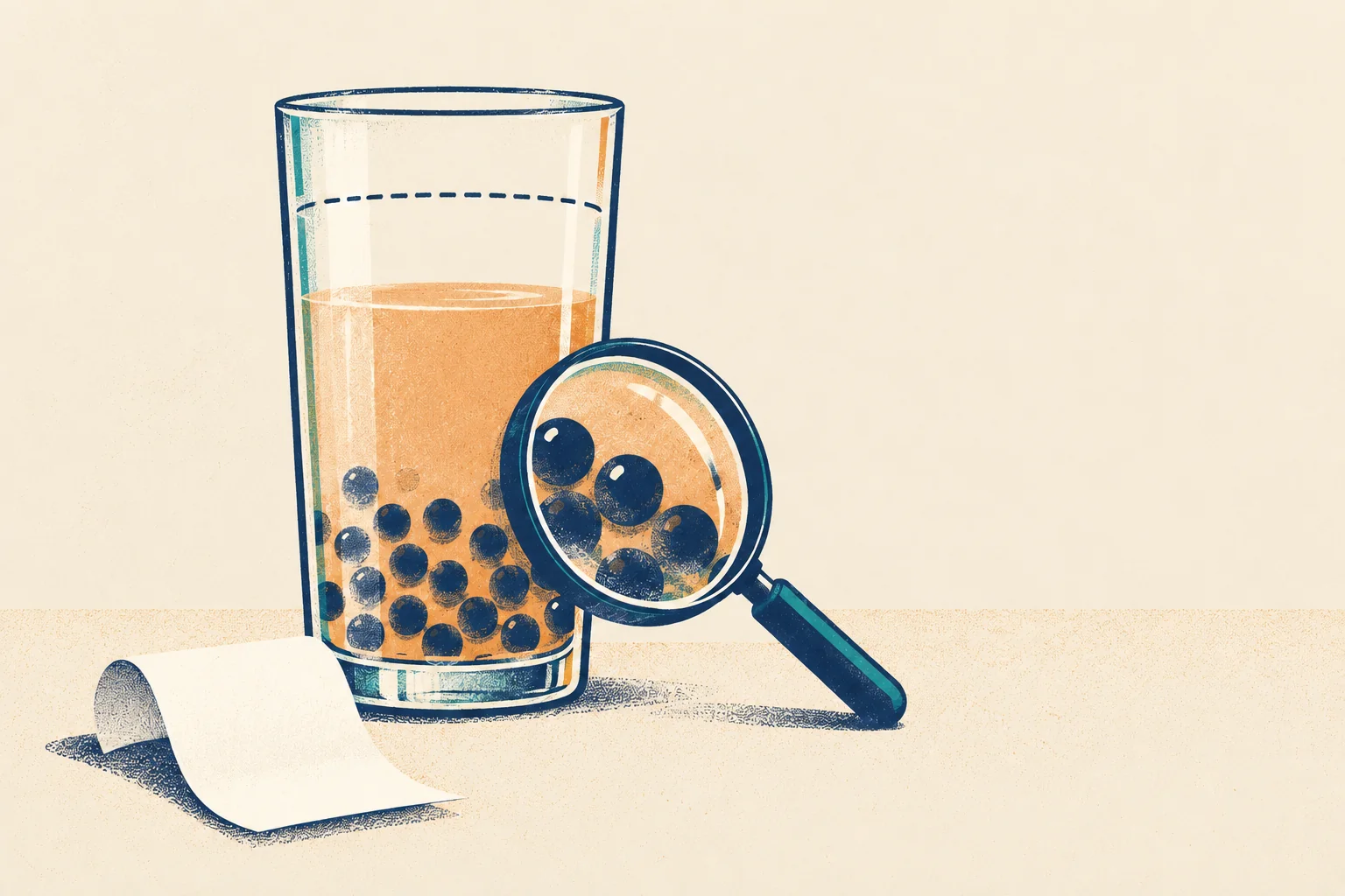 A glass of milk tea whose level has dropped below a dashed line, with a magnifying glass leaning against it and a blank receipt in front.