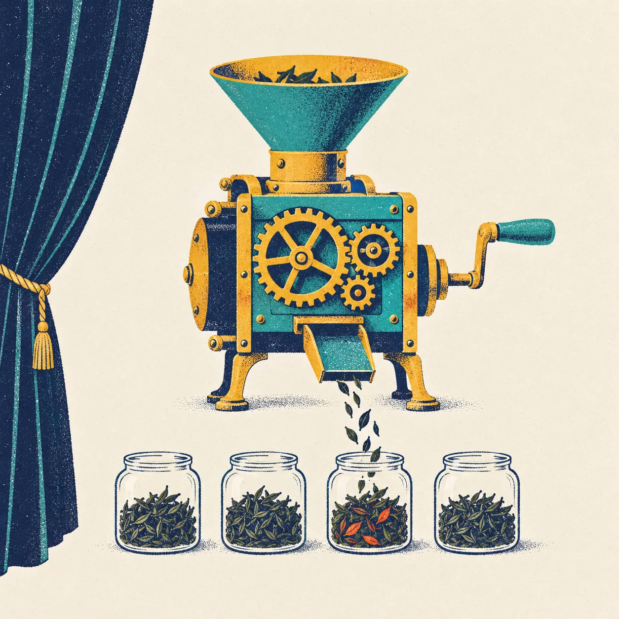 A navy theatre curtain with teal stripes, tied back with a mustard rope and tassel, opens on the left to show a small teal-and-brass machine. A teal funnel full of tea leaves sits on top, brass gears turn on the front of its body, and a hand crank with a teal handle sticks out on the right. Leaves fall from a chute at its base into the third of four glass jars standing in a row. All four jars are full of dark green leaves; the third jar, the one being filled, also hides a few small tomato-red leaves.