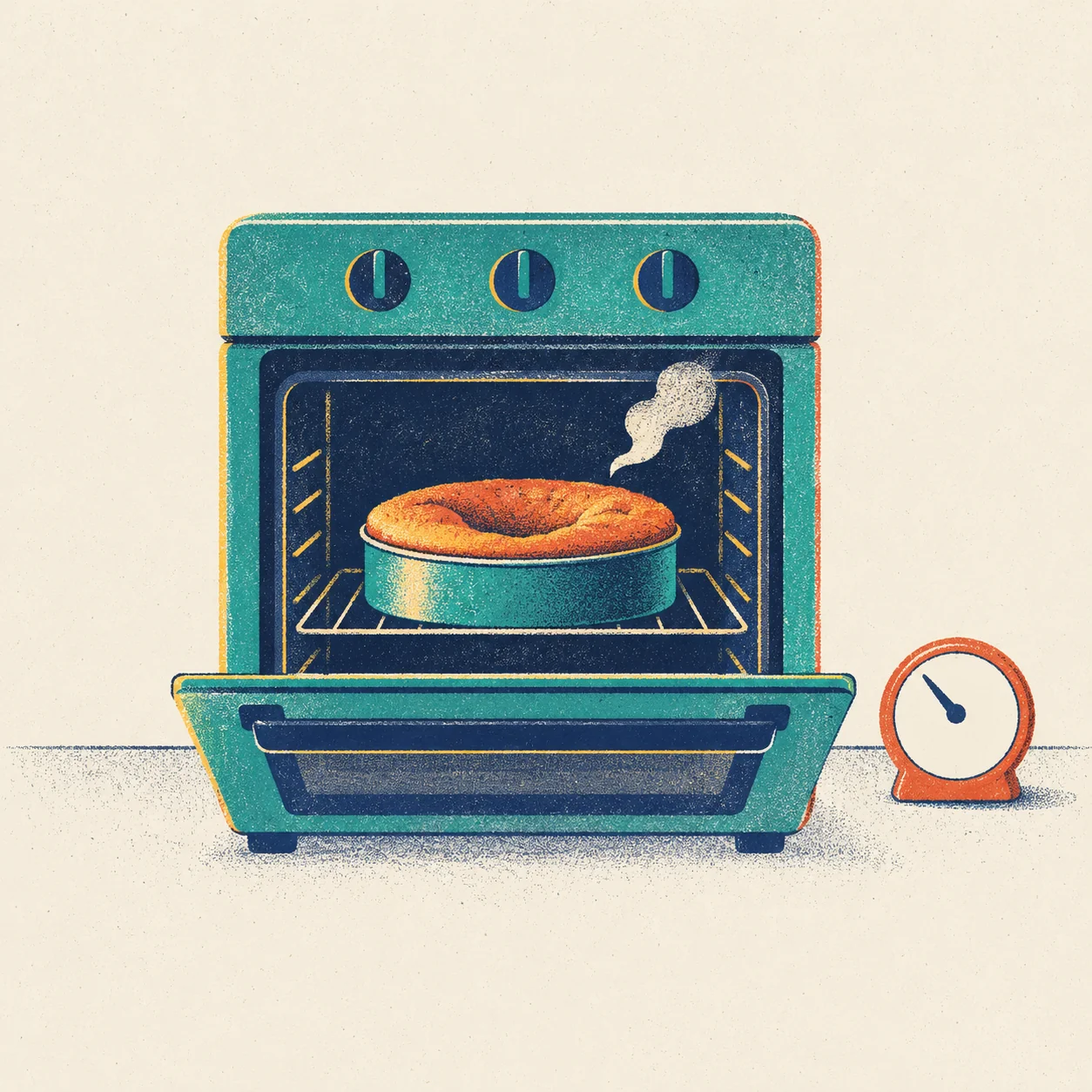 A teal oven with its door open. Inside, a round cake has sunk in the middle and a small puff of steam escapes. Beside the oven, a red kitchen timer with a blank dial shows that the time is not yet up.
