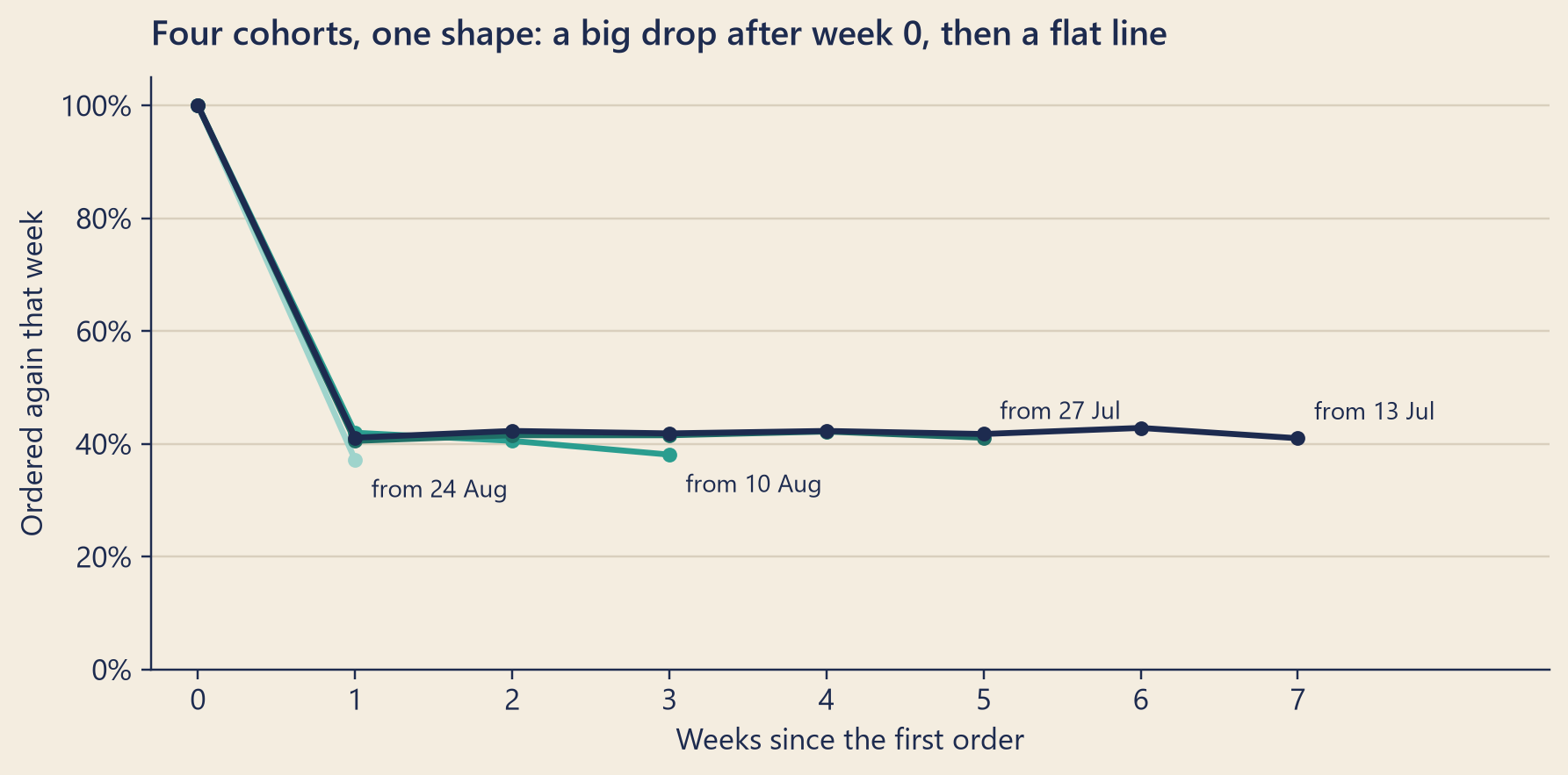 Line chart with four lines, one per cohort, against weeks since first order. Every line starts at 100 percent in week 0, drops to about 40 percent in week 1, and then stays roughly flat between about 37 and 43 percent. The oldest cohort, starting 13 July, has the longest line, to week 7; the youngest, starting 24 August, has only weeks 0 and 1.